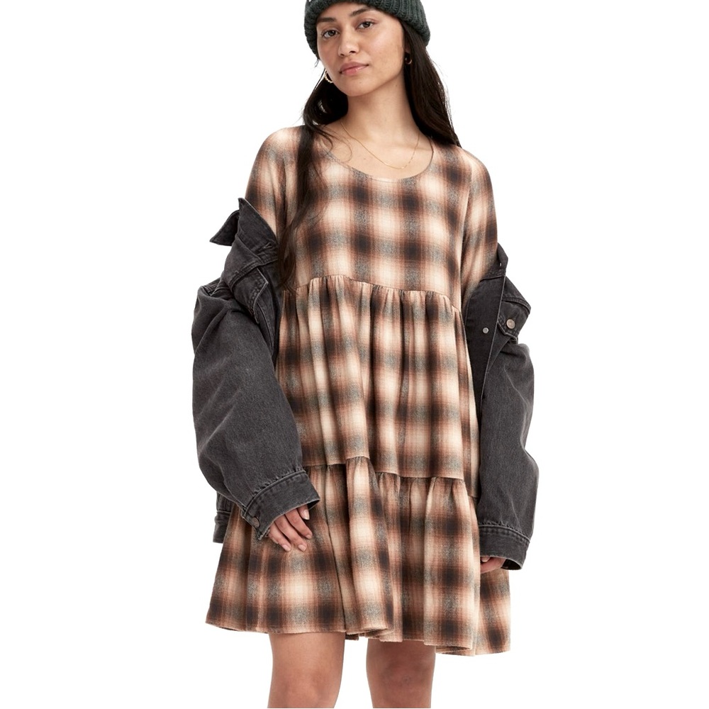grunge tiered evermore babydoll plaid earth tones long sleeve winter dress